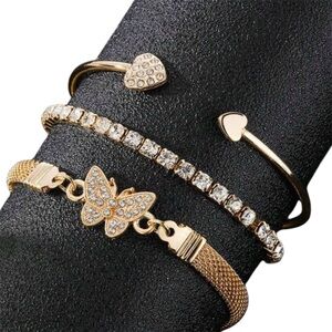 Set of 3 Gold Bracelets Women's Butterfly Crystal Style Tennis Heart Adjustable